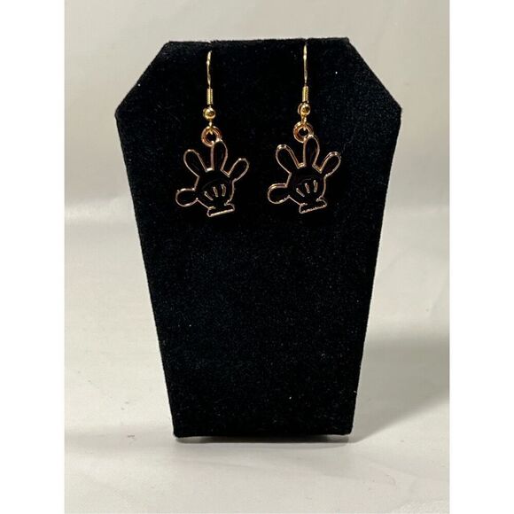Mickey Mouse Black Gloves Gold Colored Fish Hook Studs Earrings - Picture 1 of 3